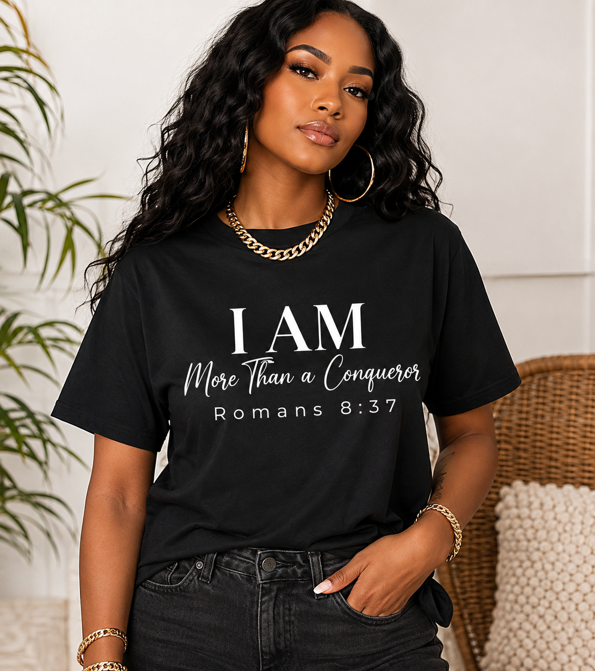 I AM More Than a Conqueror Cursive T-Shirt | Romans 8:37 Christian Faith Tee