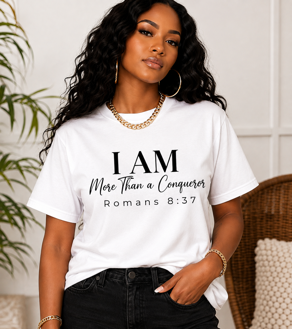 I AM More Than a Conqueror Cursive T-Shirt | Romans 8:37 Christian Faith Tee