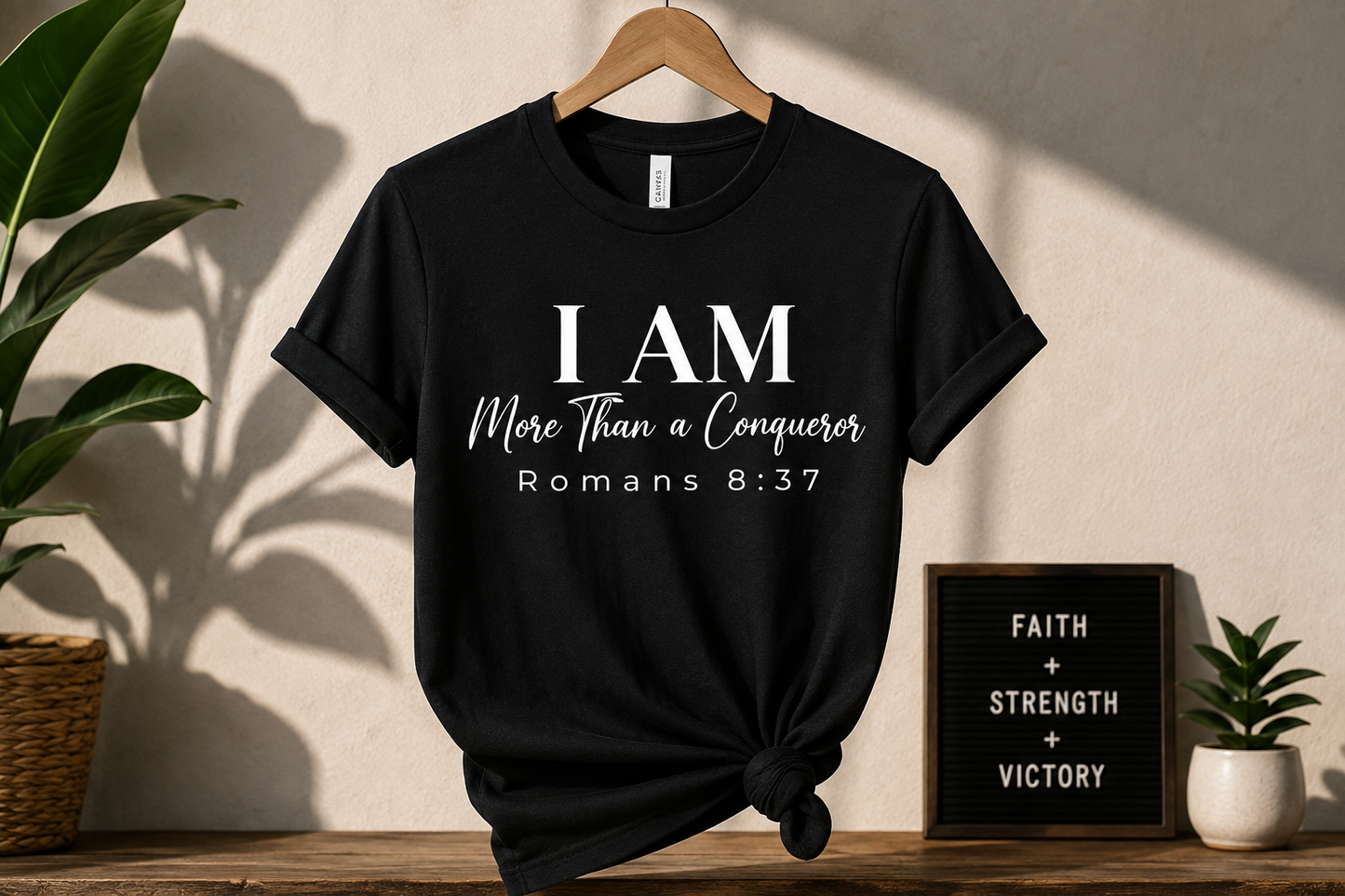 I AM More Than a Conqueror Cursive T-Shirt | Romans 8:37 Christian Faith Tee