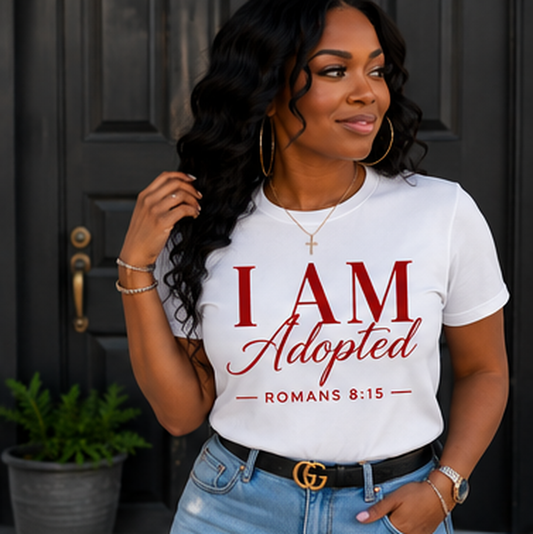 I AM Adopted Cursive T-Shirt | Romans 8:15 Christian Faith Tee