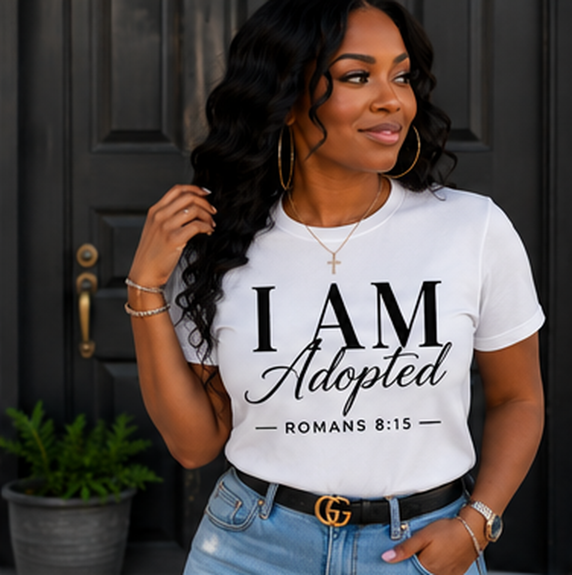 I AM Adopted Cursive T-Shirt | Romans 8:15 Christian Faith Tee