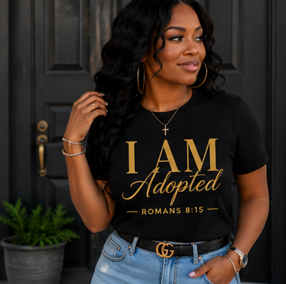 I AM Adopted Cursive T-Shirt | Romans 8:15 Christian Faith Tee