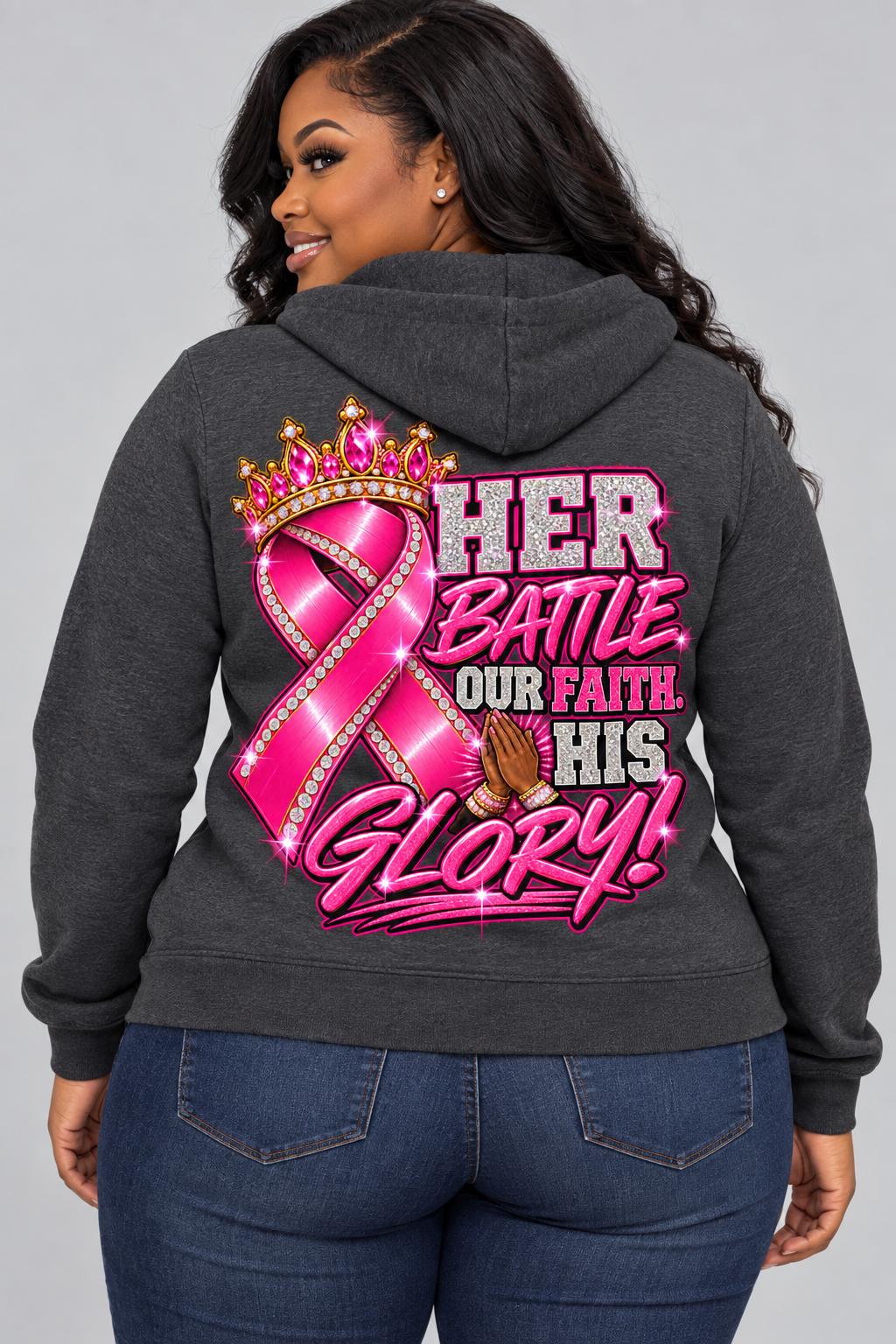 Back of charcoal zip hoodie with Her Battle Our Faith His Glory artwork