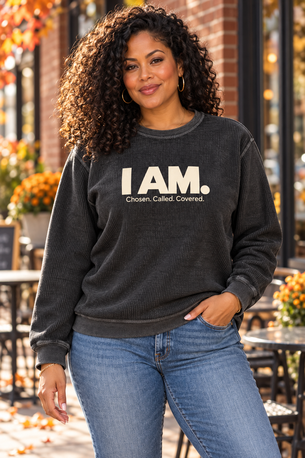Lifestyle mockup: woman wearing the black I AM. Comfy Cord sweatshirt with Chosen. Called. Covered. lettering.