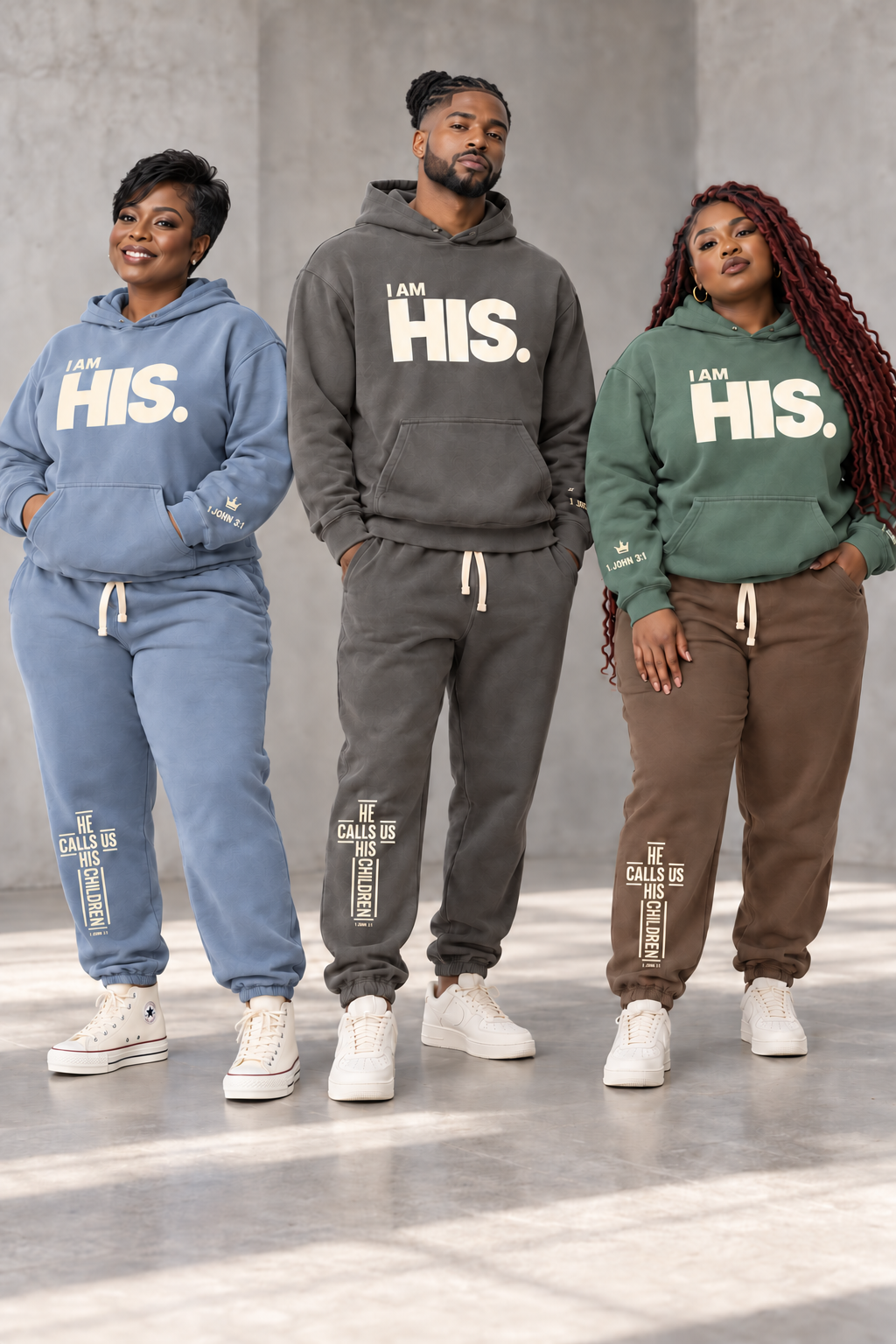 Style inspiration: I AM HIS hoodie and Faith Joggers sold separately. Blue Jean set, Pepper set, and Blue Spruce hoodie with Espresso joggers.