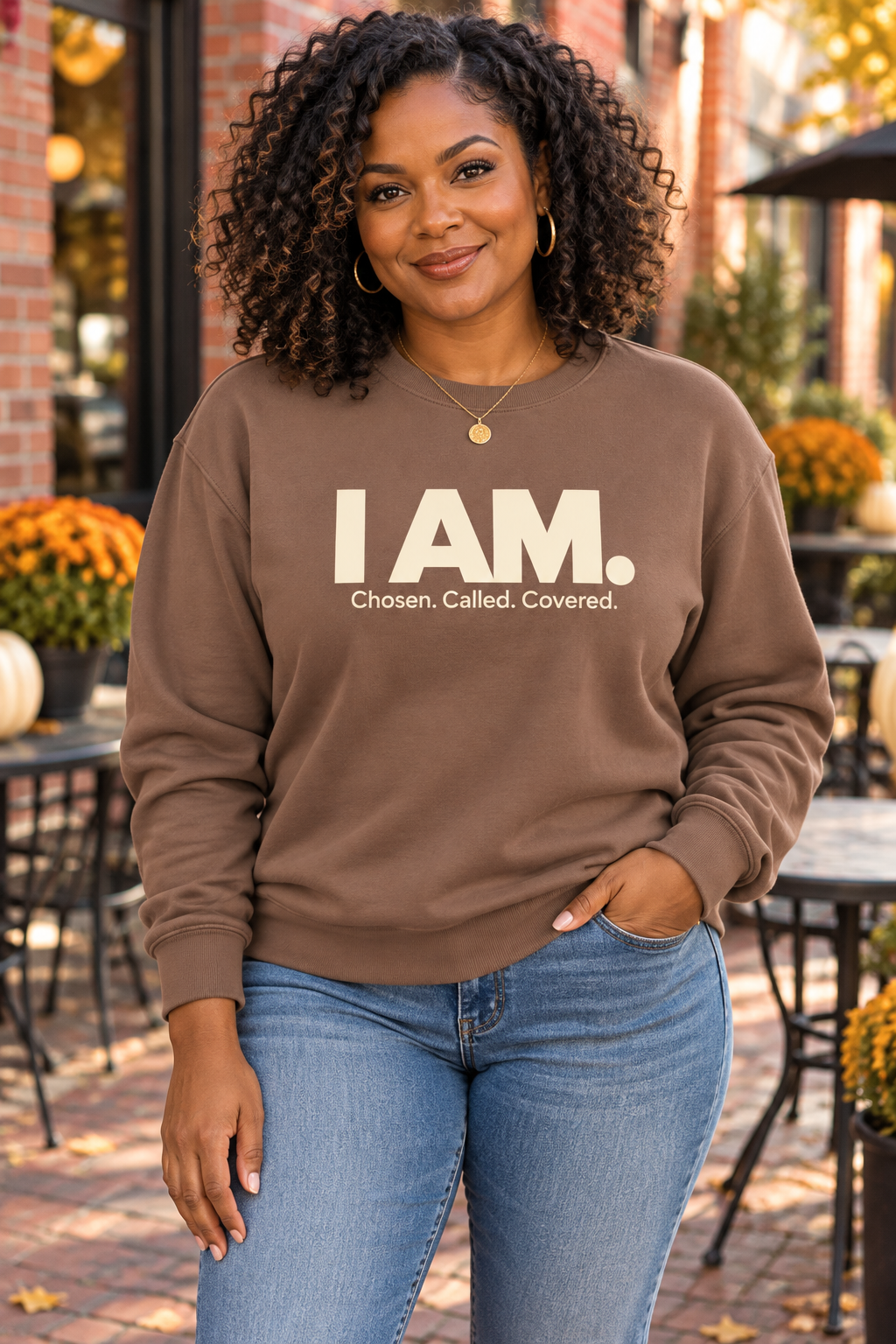 Fall lifestyle mockup of a woman wearing the Espresso I AM. Chosen. Called. Covered. crewneck sweatshirt.