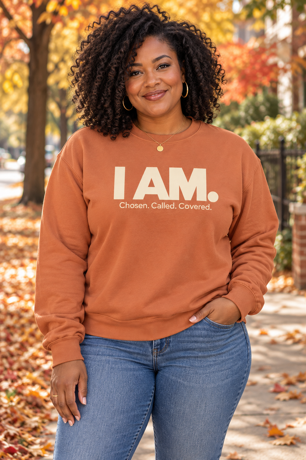 Fall lifestyle mockup of a woman wearing the Yam I AM. Chosen. Called. Covered. crewneck sweatshirt.