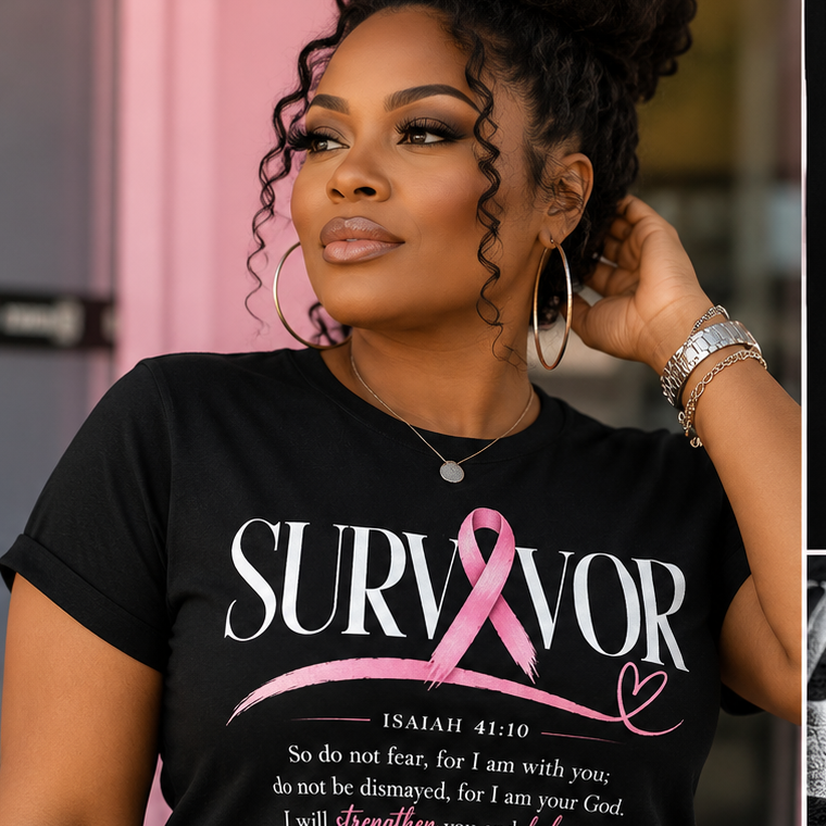 SURVIVOR Isaiah 41:10 breast cancer awareness lifestyle collection featuring tee hoodie and tumbler