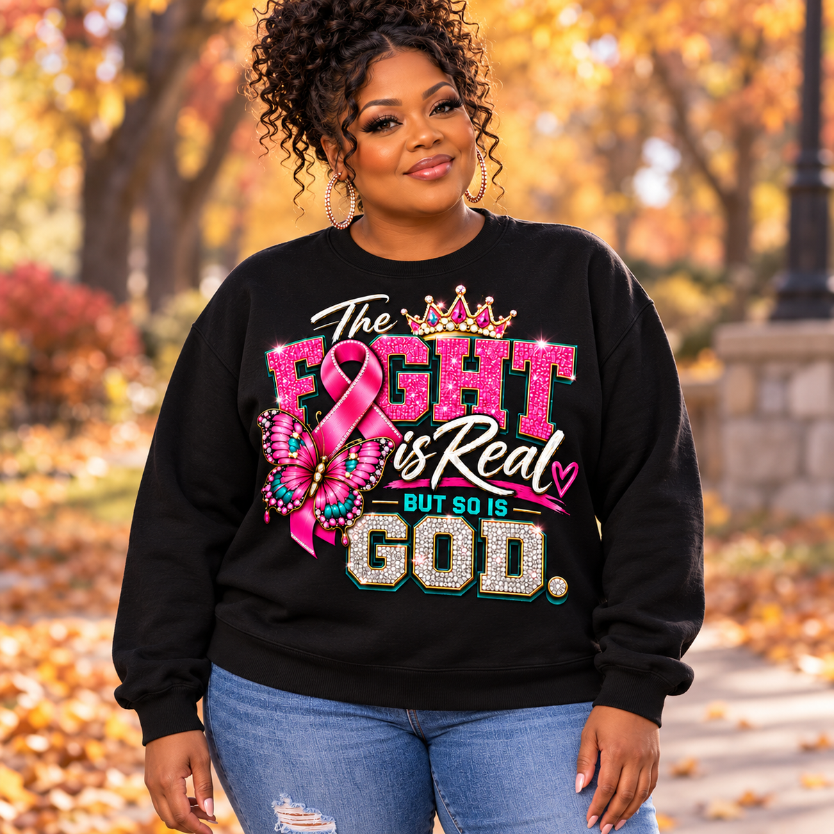 Plus-size model wearing black faith breast cancer awareness crewneck in autumn