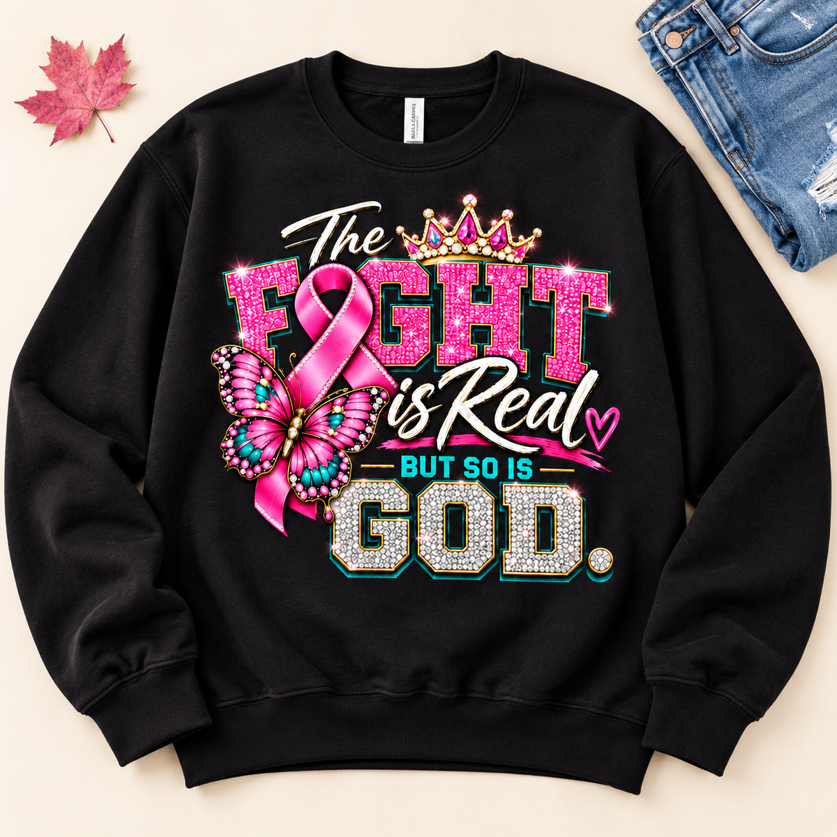 Black breast cancer awareness crewneck sweatshirt flat lay