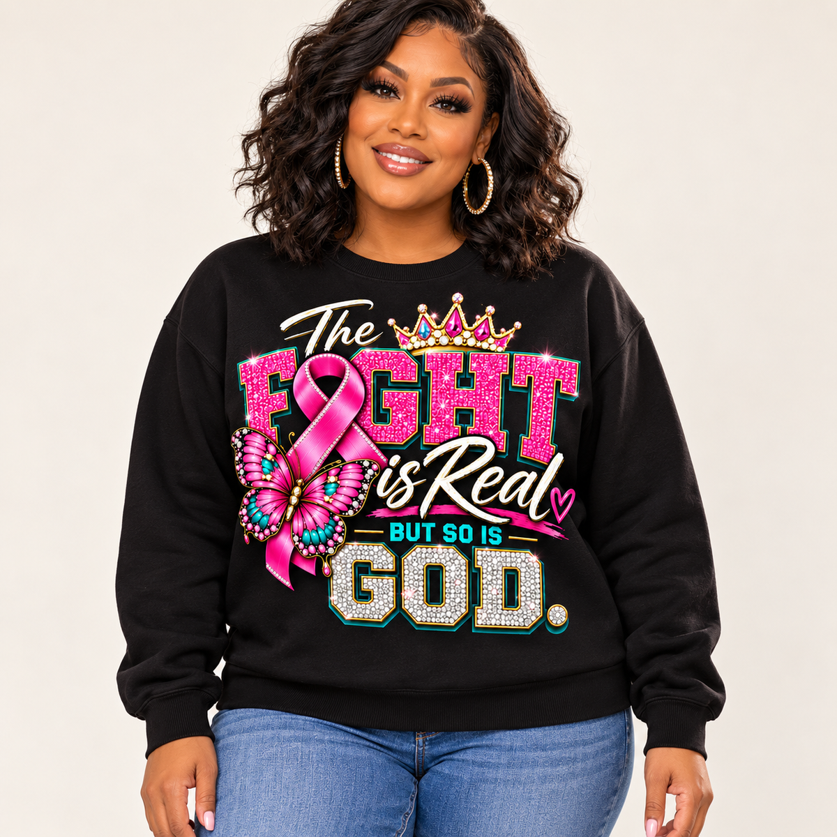 Model wearing black The Fight Is Real But So Is God crewneck sweatshirt